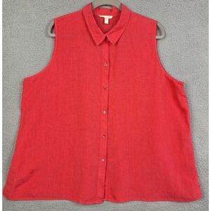 Eileen Fisher Shirt Womens 1X‎ Red Sleeveless Collared Button Up Linen Old Money